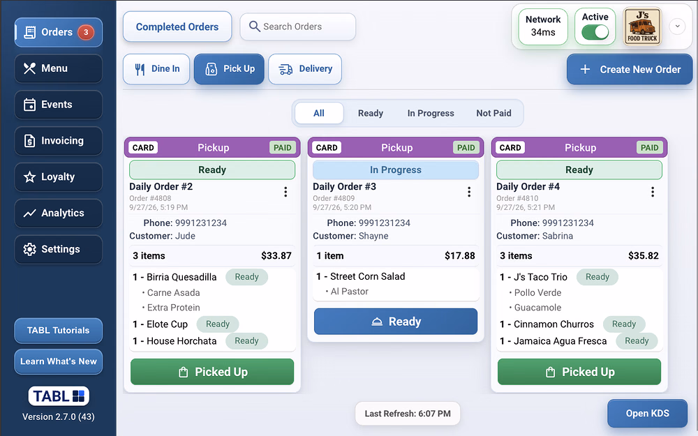 TABL live order queue showing connected food truck orders and their status